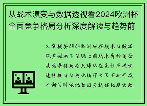 从战术演变与数据透视看2024欧洲杯全面竞争格局分析深度解读与趋势前瞻